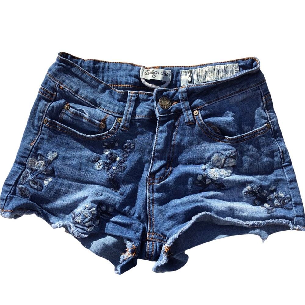 Indigo Rein floral embroidered jean short shorts junior sz 3
